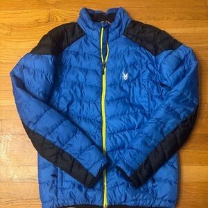 Spyder men’s lightweight puffer jacket, royal blue w/ bright green & black trim